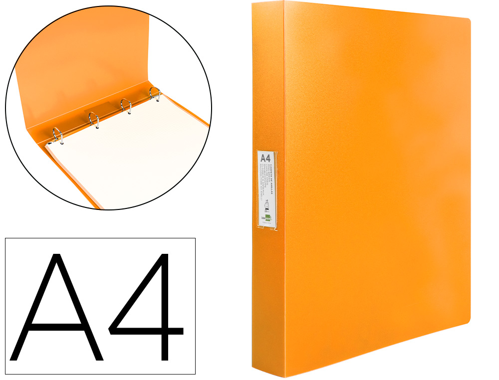 Carpeta liderpapel 4 anillas 25 mm mixtas polipropileno din a4 naranja fluor opaco