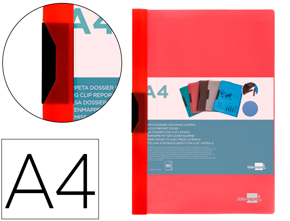 Carpeta liderpapel dossier pinza lateral polipropileno din a4 rojo translucido 30 hojas pinza deslizante