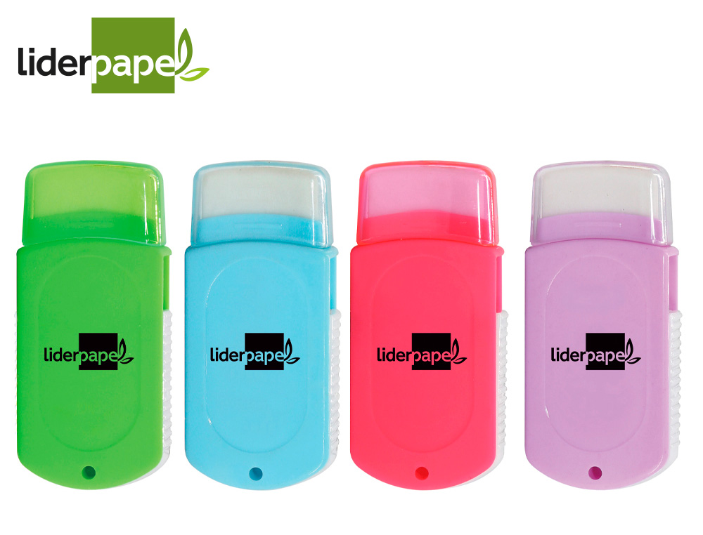 Goma de borrar liderpapel rectangular con protector plastico sacapuntas 2 usos y cepillo colores surtidos