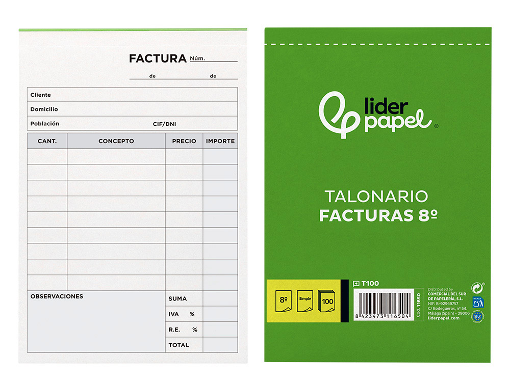 Talonario liderpapel facturas 8º original t100 con i.v.a.