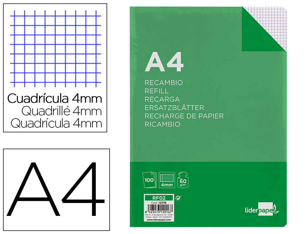 Recambio liderpapel a4 100 hojas 60g/m2 cuadro 4mm con margen sin taladros
