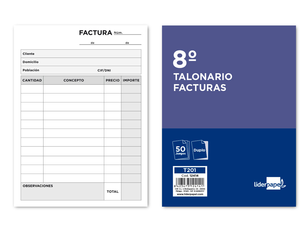 Talonario liderpapel facturas 8º original y copia t201 sin i.v.a.