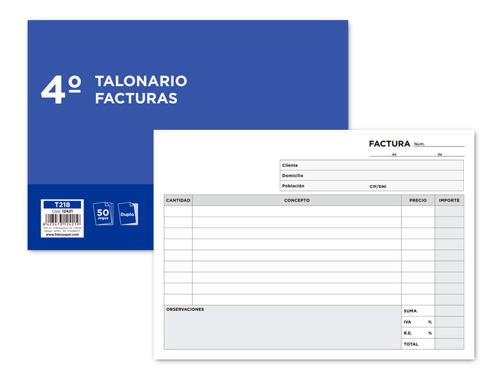 Talonario liderpapel facturas cuarto original y copia t218 apaisado con i.v.a.