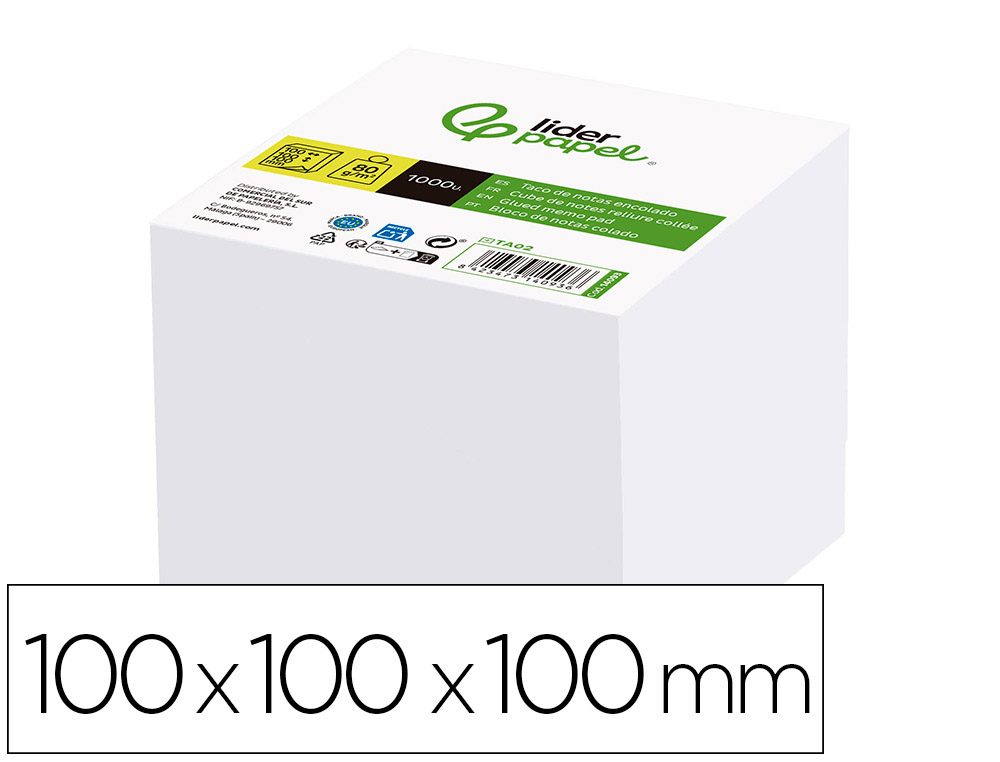 Taco papel liderpapel encolado blanco 1000 hojas 100x100x100 mm 80 gr