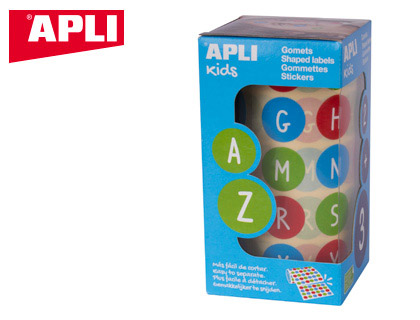 Gomets apli autoadhesivo redondo abecedario 20 mm diametro multicolor rollo de 900 unidades