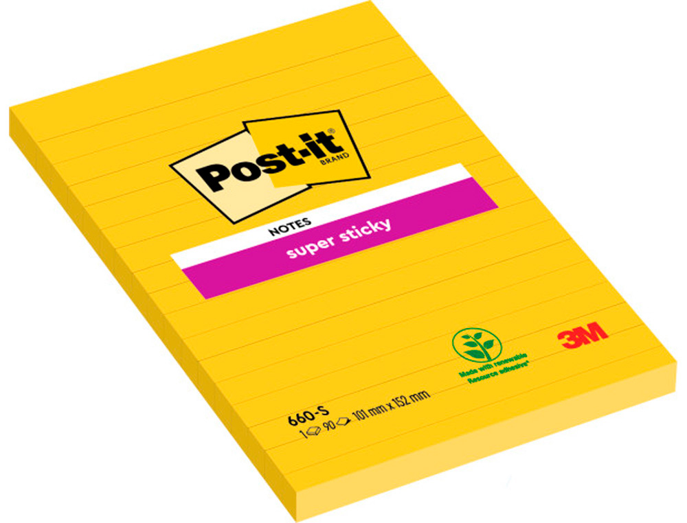 Bloc de notas adhesivas quita y pon post-it super sticky rayado amarillo ultra 101x152 mm