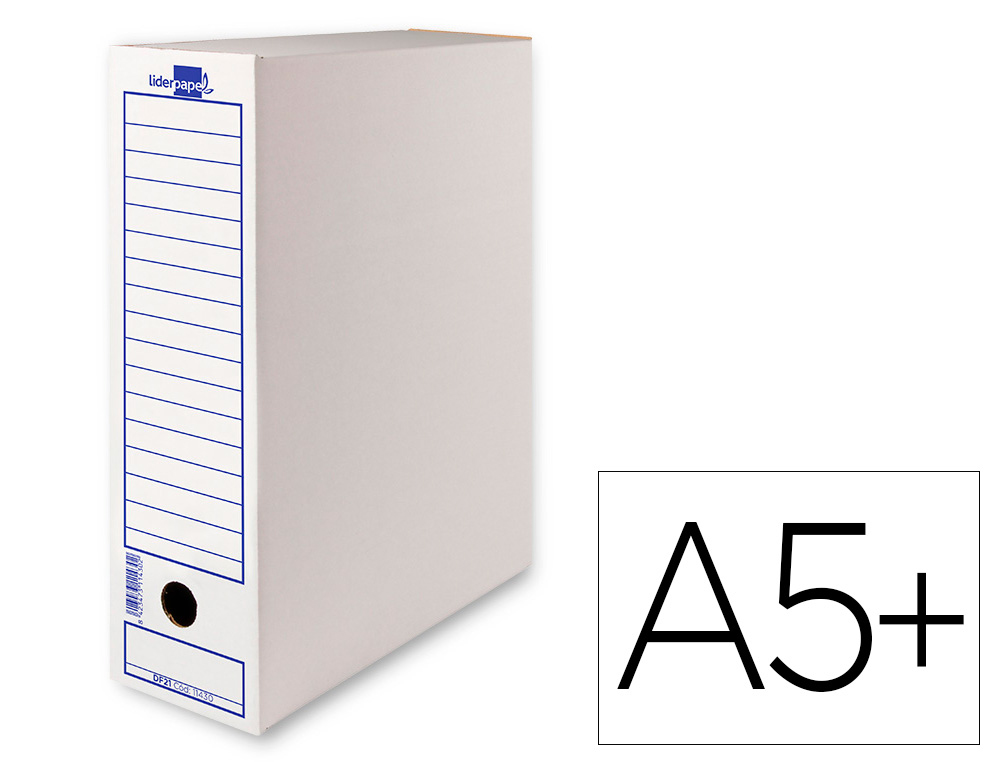 Caja archivo definitivo liderpapel 103 cuarto carton reciclado 325g/m2 lomo 105 mm blanco 278x105x213 mm