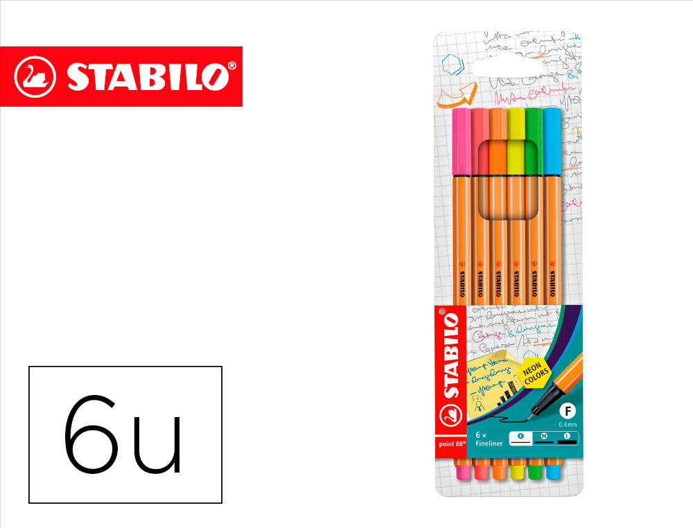 Rotulador stabilo punta de fibra point 88 blister 6 colores surtidos neon