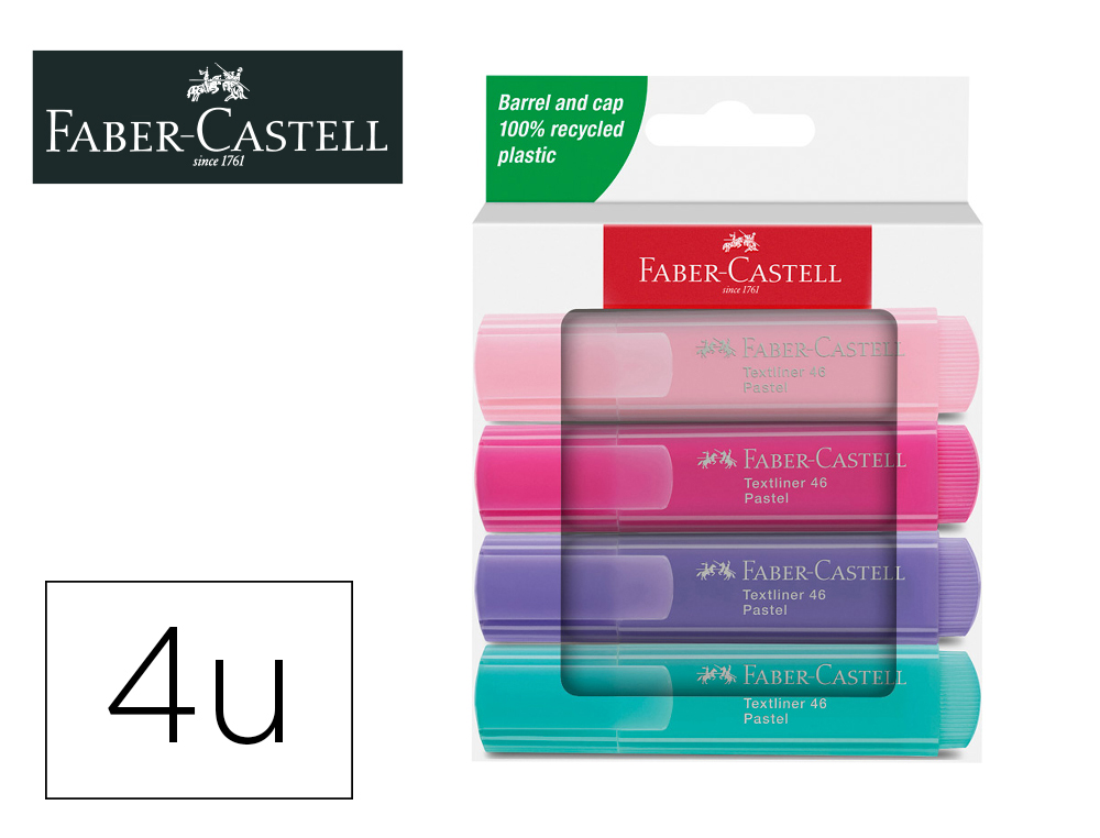 Rotulador faber castell fluorescente textliner 46 pastel estuche 4 unidades colores surtidos