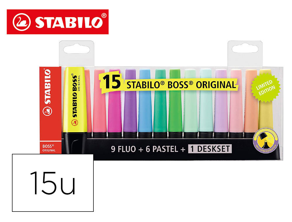 Rotulador stabilo boss fluorescente 70 blister de 15 unidades colores surtidos