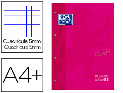 Recambio color 1 oxford din a4+ 80 hojas 90 gr cuadricula 5 mm tapa blanda 4 taladros fucsia touch