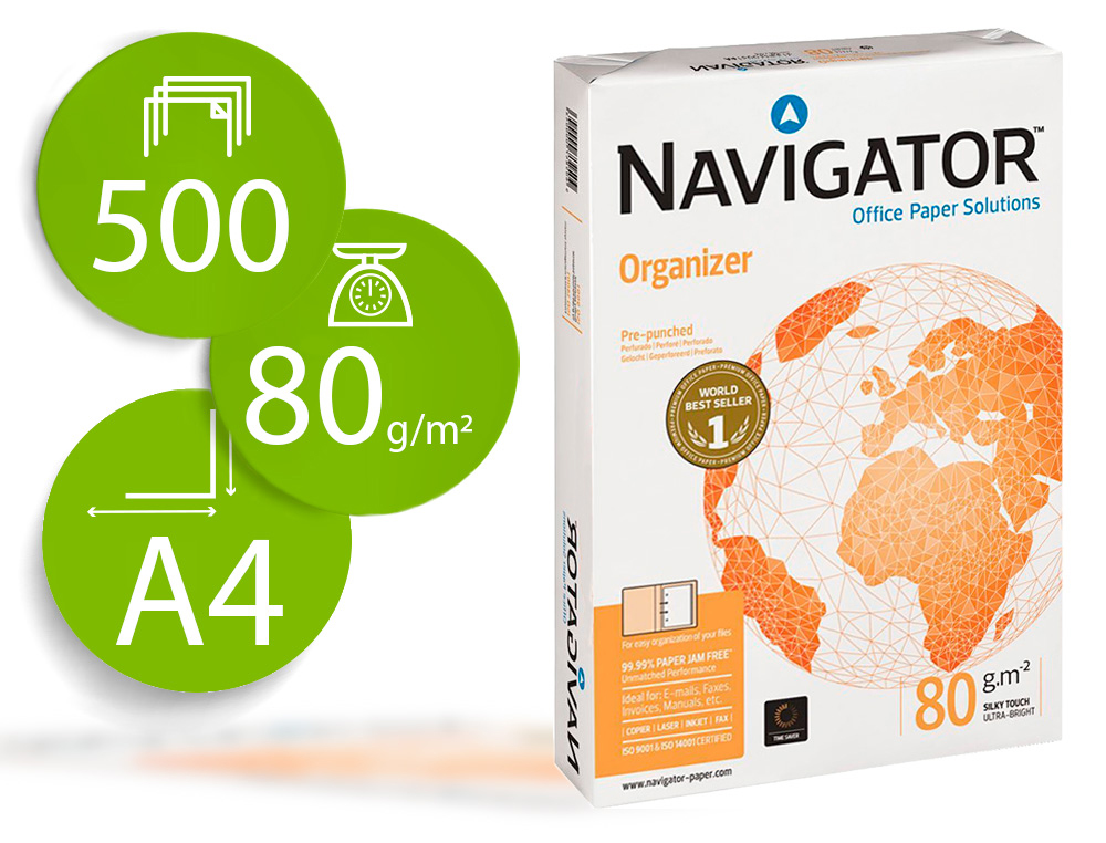 Papel fotocopiadora navigator din a4 80 gramos 2 taladros papel multiuso ink-jet y laser paquete de 500 hojas