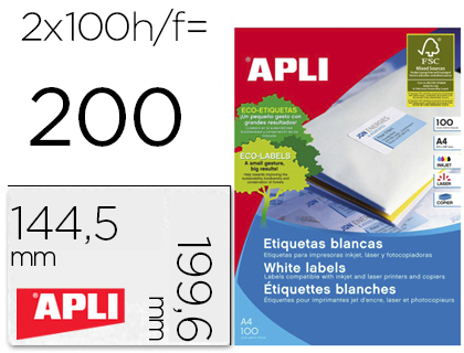 Etiqueta adhesiva apli 2423 tamaño 199,6x144,5 mm fotocopiadora laser ink-jet caja con 100 hojas din a4