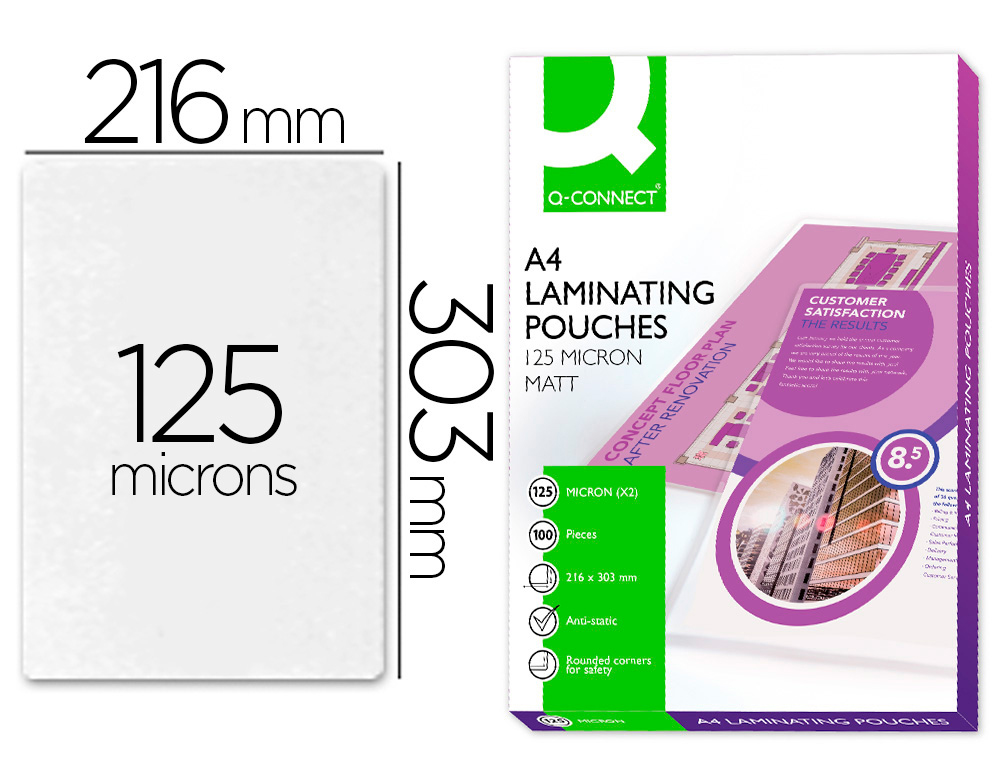 Bolsa de plastificar q-connect 303 x 216 mm din a4 125 mc autoadhesivas caja de 100 unidades
