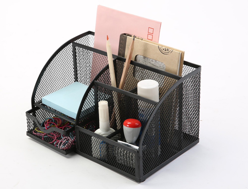 Organizador sobremesa q-connect kf17295 metalico curvo rejilla negra con 5 departamentos 220x140x130 mm