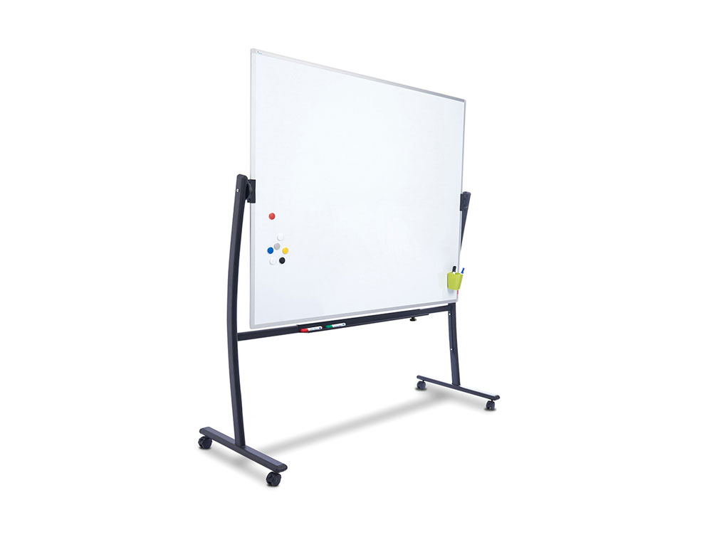 Pizarra blanca rocada vitrificada magnetica con soporte volteable doble cara 90x120 cm