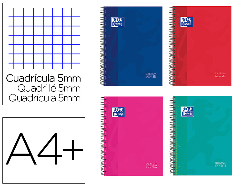 Cuaderno espiral oxford surt europeanbook 10 school classic tapa extradura din a4+ 150 hojas cuadro 5 mm con