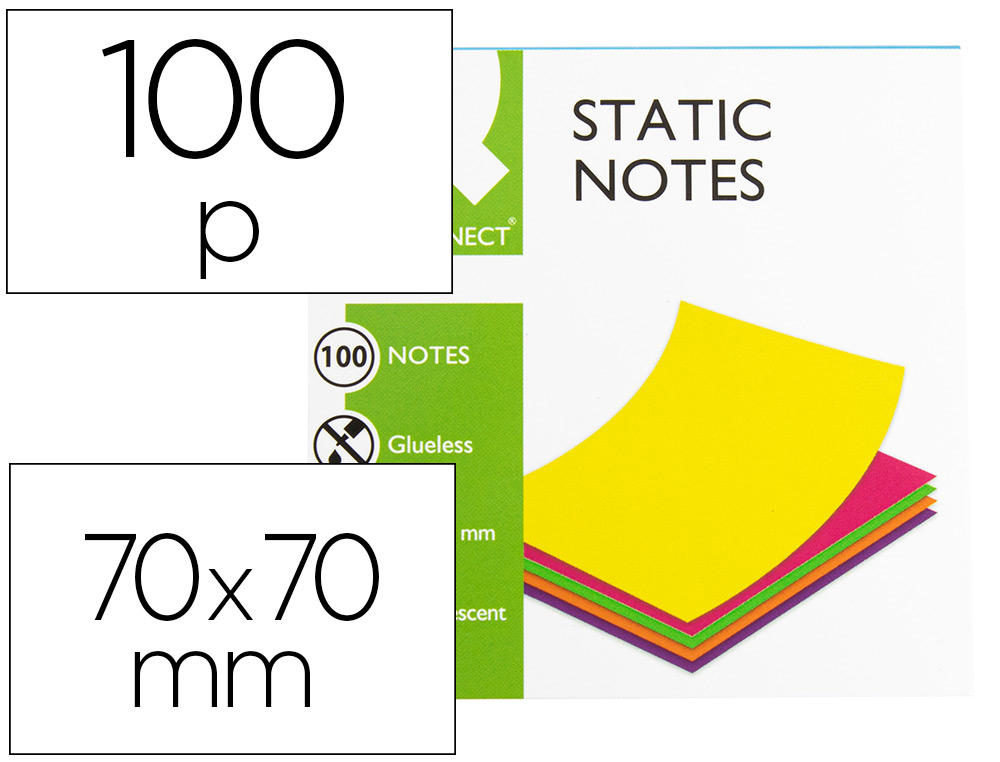 Bloc de notas electrostaticas quita y pon q-connect 70x70 mm 100 hojas 5 colores fluorescentes