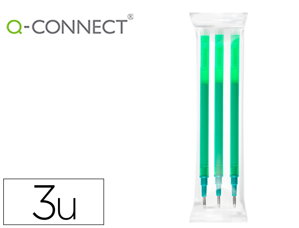 Recambio boligrafo q-connect retractil kf11060 borrable verde caja de 3 unidades