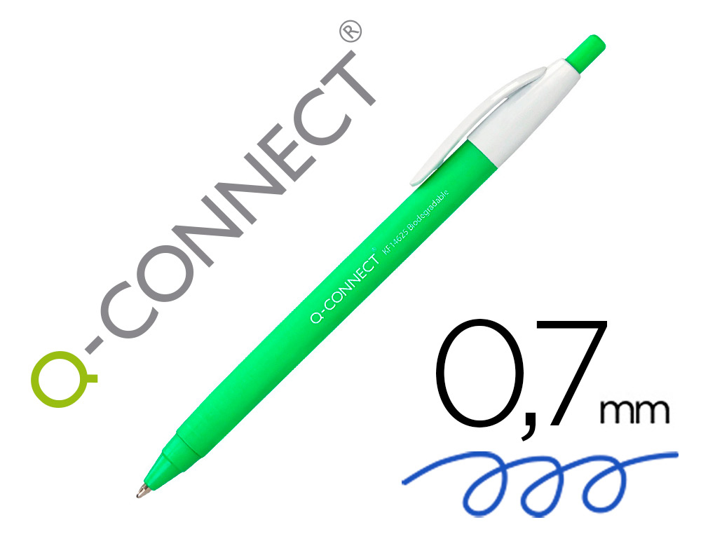 Boligrafo q-connect retractil kf14625 biodegradable verde tinta azul