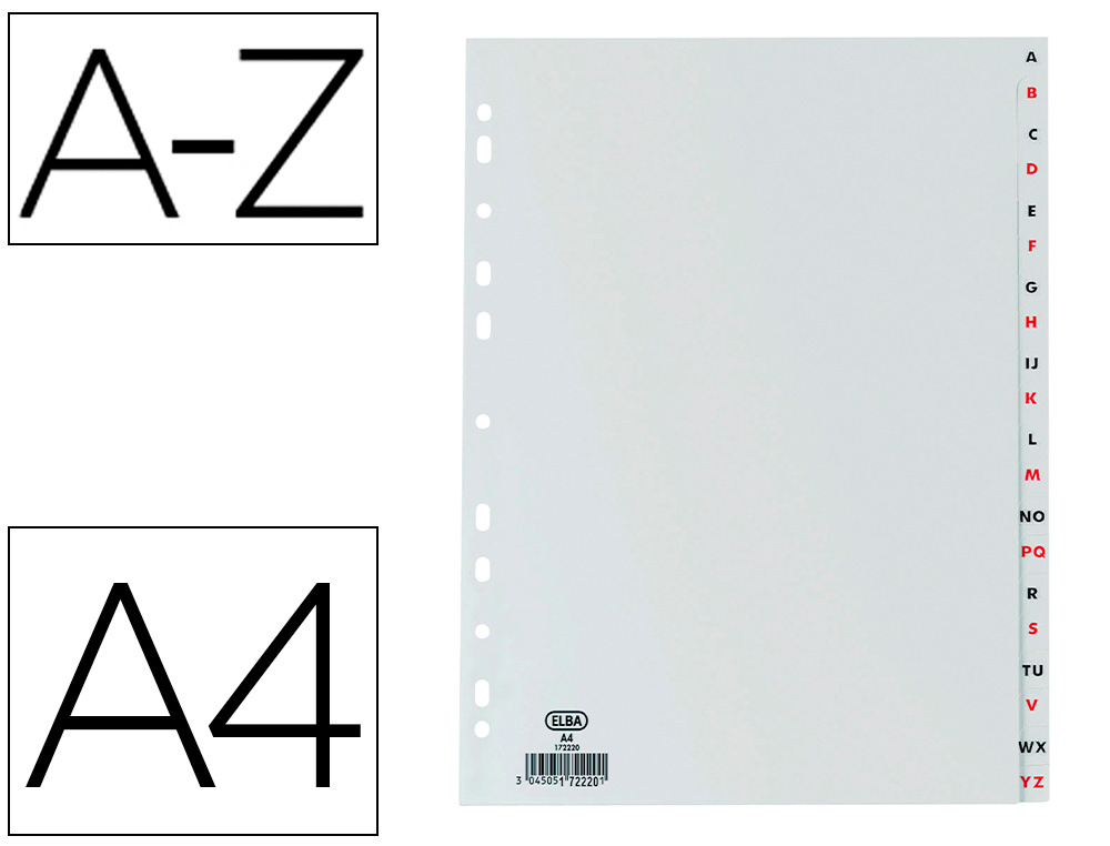 Separador alfabetico elba plastico 120 mc folio 16 taladros a-z gris