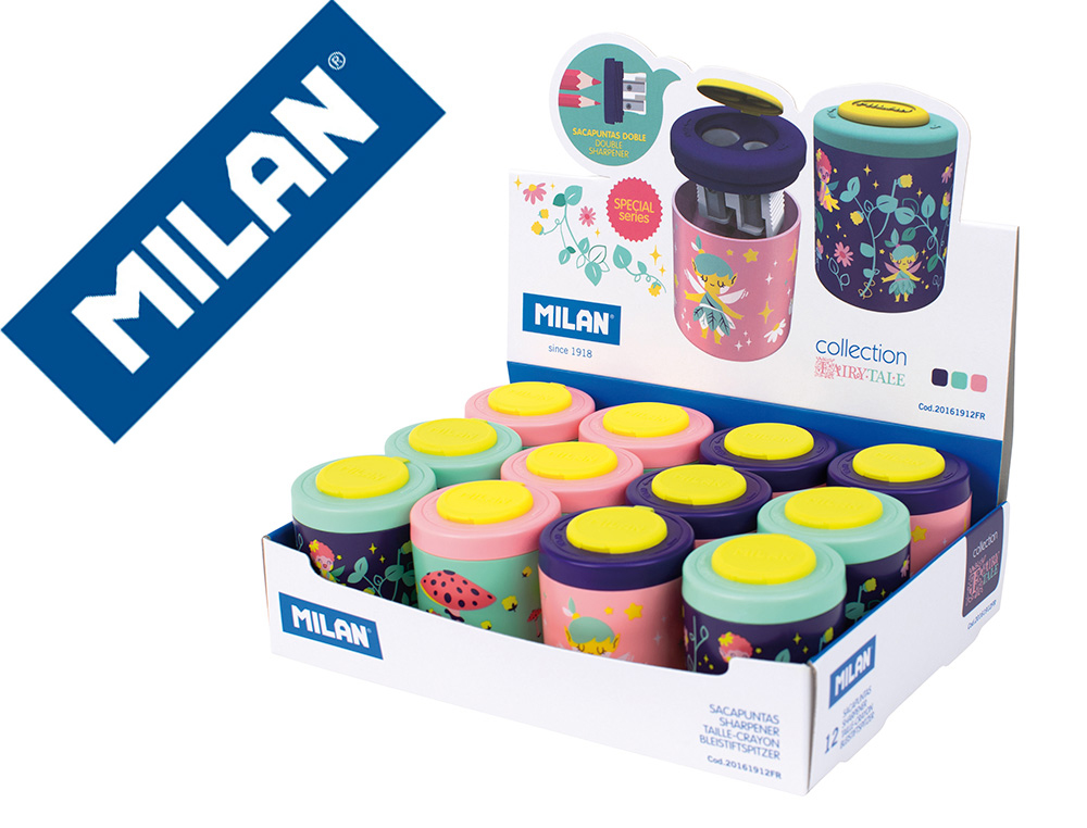 Sacapuntas milan 2 usos con deposito fairy tale expositor de 12 unidades colores surtidos