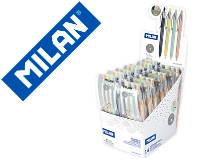 Boligrafo milan p1 silver expositor de 14 unidades retractil 1 mm estuche de 4 unidades colores surtidos