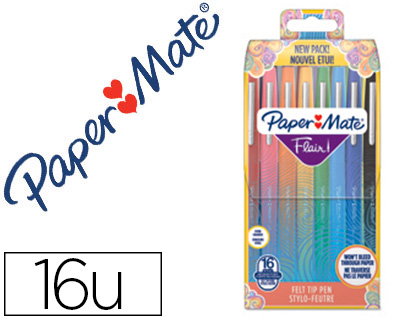 Rotulador paper mate flair original punta fibra tropical estuche rigido de 16 unidades colores surtidos