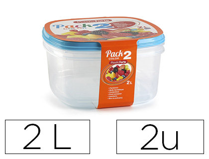 Fiambrera plasticforte transparente tapa color 2 litros pack 2 unidades