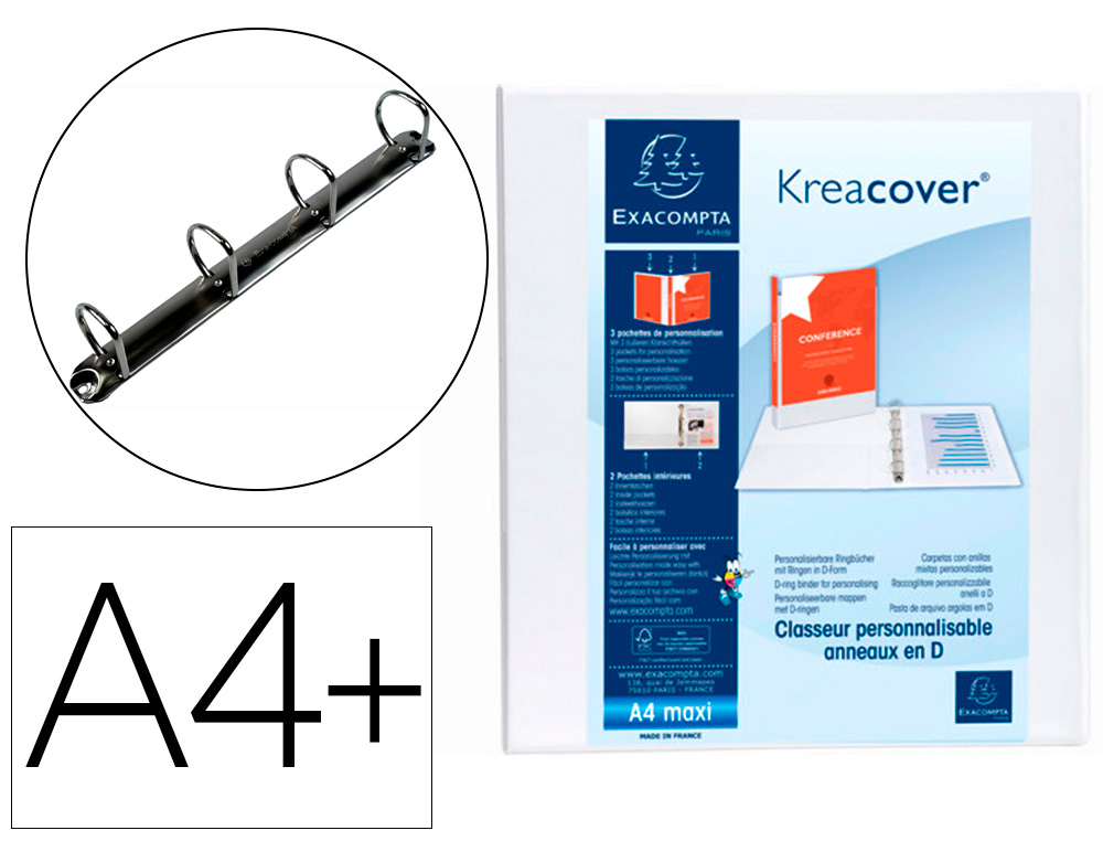 Carpeta exacompta canguro 4 anillas 40 mm din a4+ carton forrado polipropileno personalizable 3 bolsillos