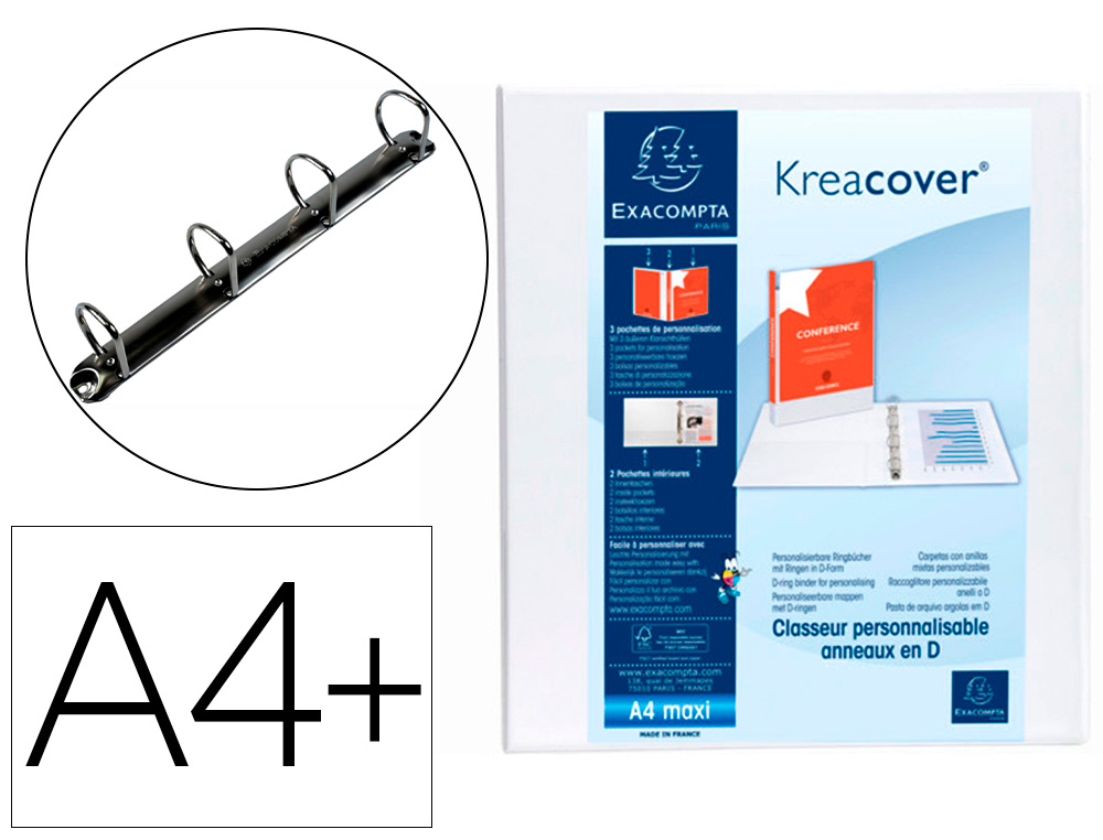 Carpeta exacompta canguro 4 anillas 60 mm din a4+ carton forrado polipropileno personalizable 3 bolsillos