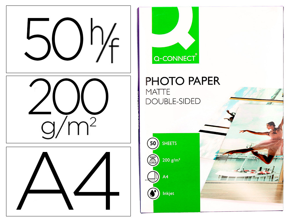 Papel q-connect foto mate doble cara din a4 para fotocopias e impresoras ink- jet bolsa de 50 hojas 220 gr
