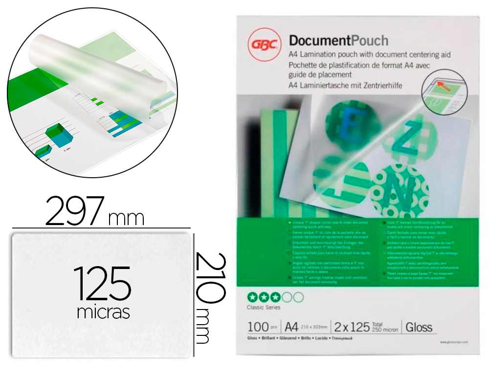 Bolsa de plastificar gbc din a4 125 mc acabado brillo caja de 100 unidades