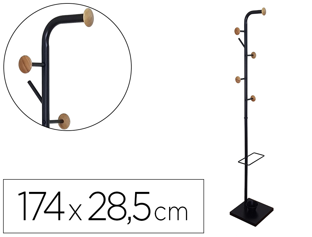 Perchero metalico q-connect negro con detalles de madera 6 colgadores y paraguero 174x28,5 cm
