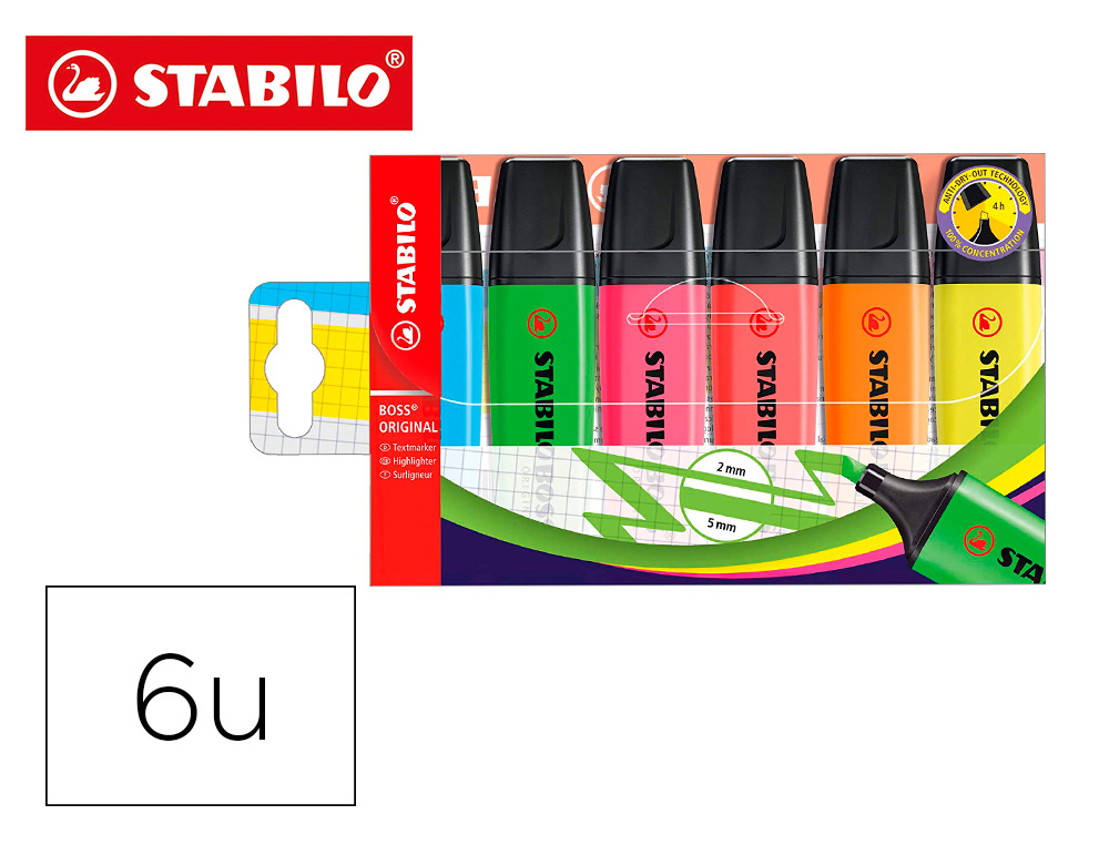 Rotulador stabilo boss fluorescente 70 estuche de 6 unidades colores surtidos