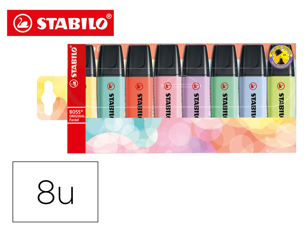 Rotulador stabilo boss fluorescente 70 pastel estuche de 8 unidades colores surtidos