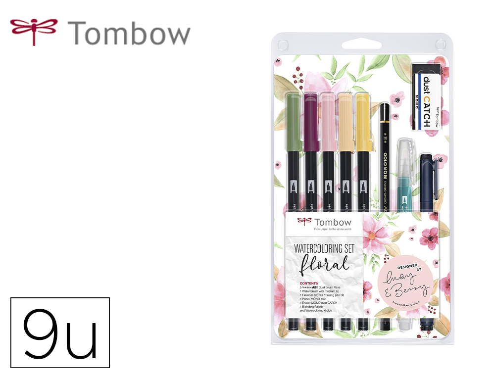 Set watercoloring tombow floral 9 piezas