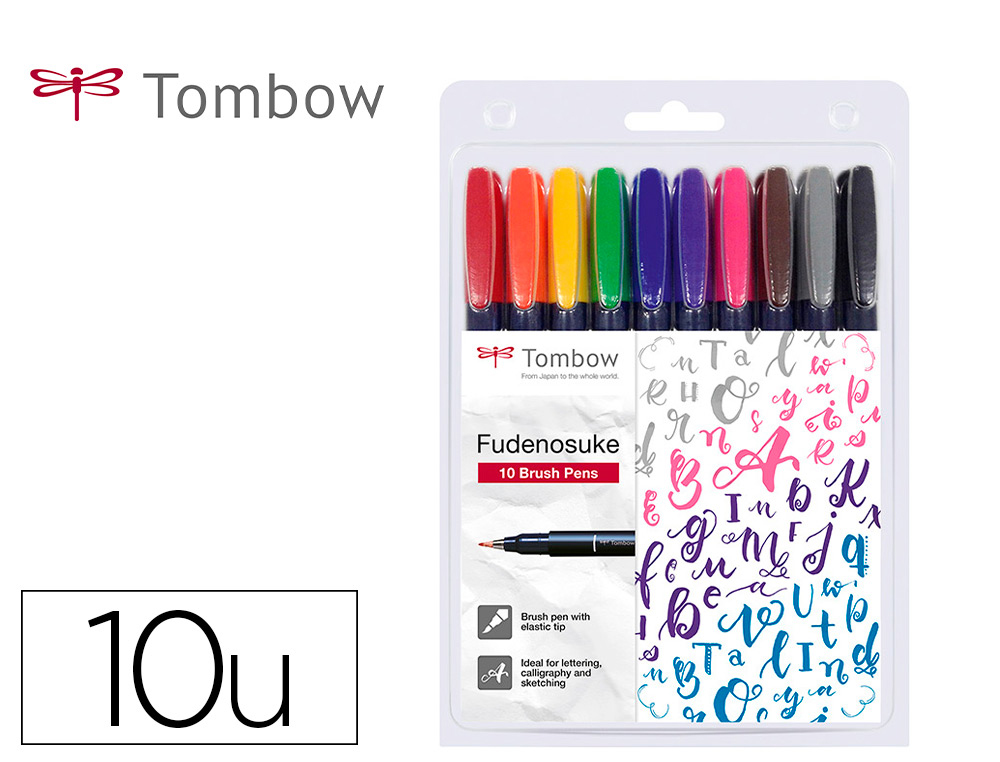 Rotulador tombow fudenosuke tinta base de agua punta pincel dura estuche de 10 unidades colores surtidos