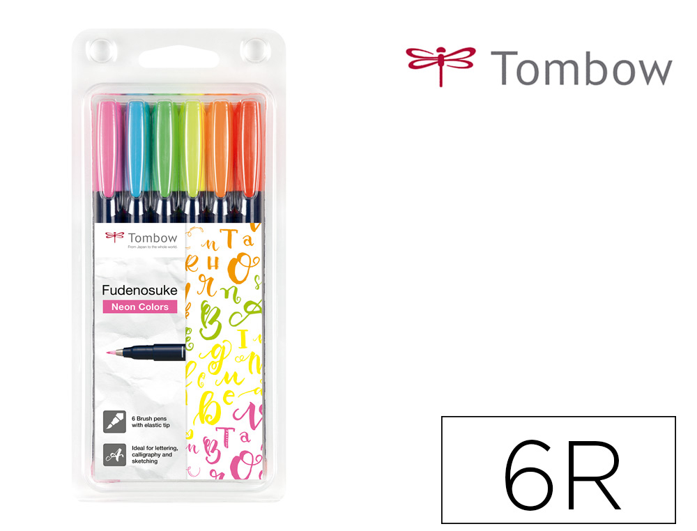 Rotulador tombow fudenosuke tinta base de agua punta pincel dura estuche de 6 unidades colores neon
