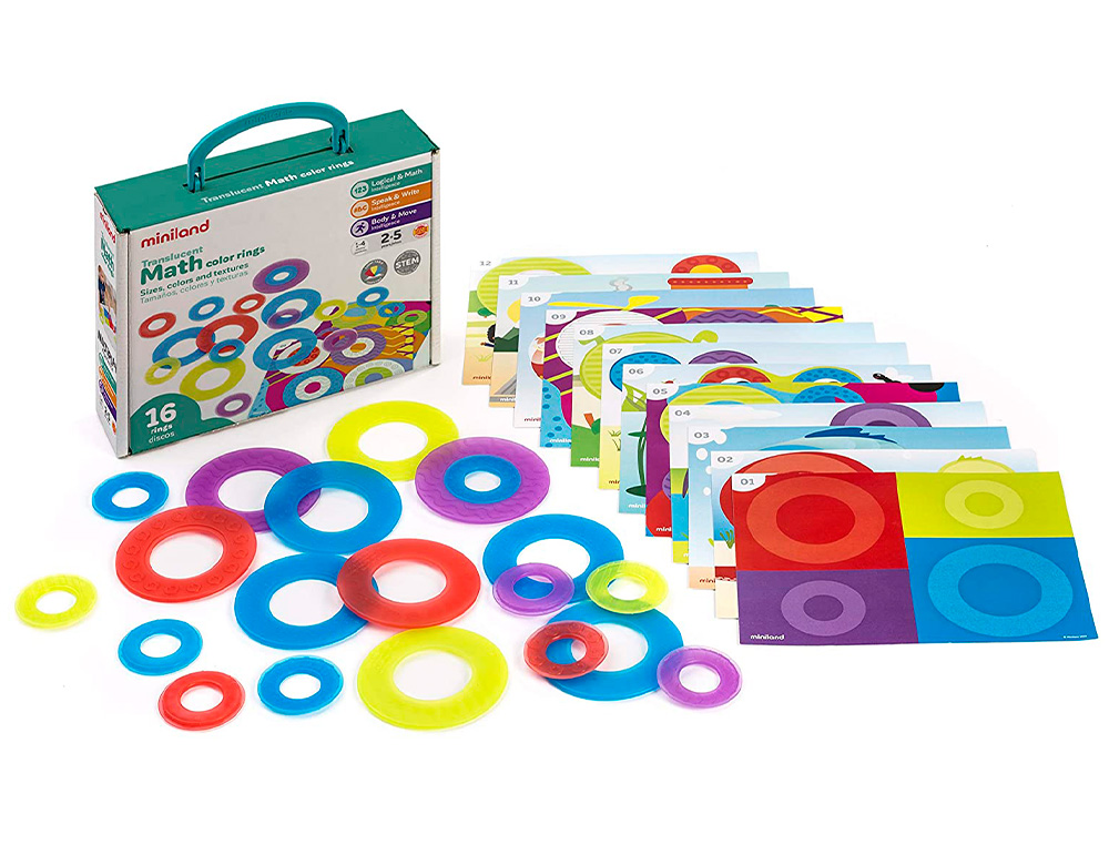 Juego miniland set de 16 aros translucidos y 12 tarjetas de actividades de diferentes tematicas 235x195x80 mm