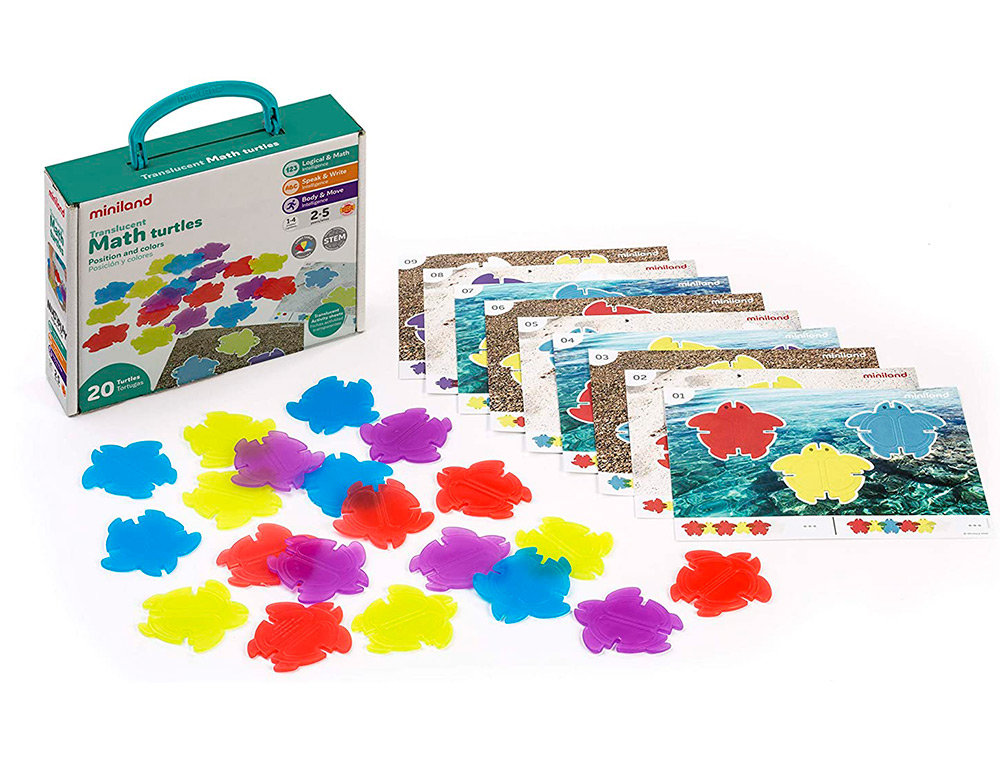 Juego miniland set de 20 tortugas translucidas y 9 tarjets de actividades con dos niveles de dificultad