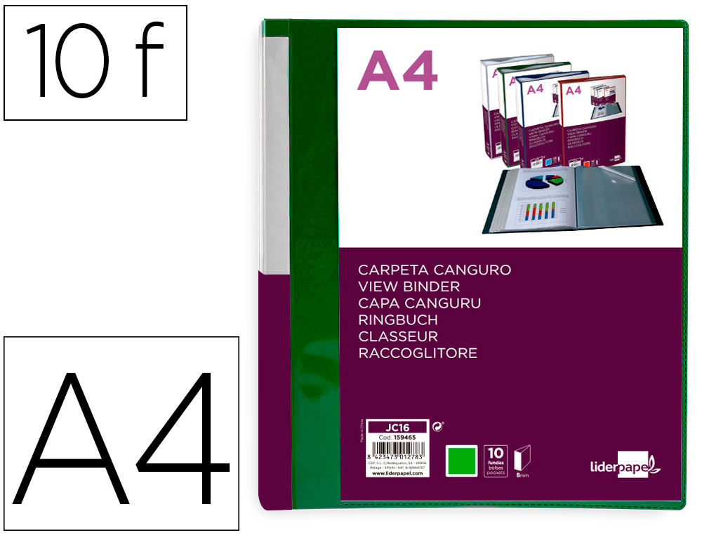 Carpeta liderpapel 10 fundas canguro pp din a4 verde translucido portada y lomo personalizable