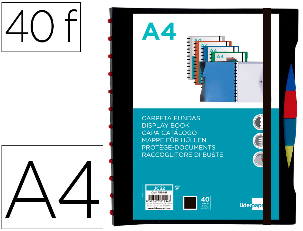 Carpeta liderpapel a4 con 40 fundas intercambiables 5 sep sobre y gomilla portada y lomo personalizable negro