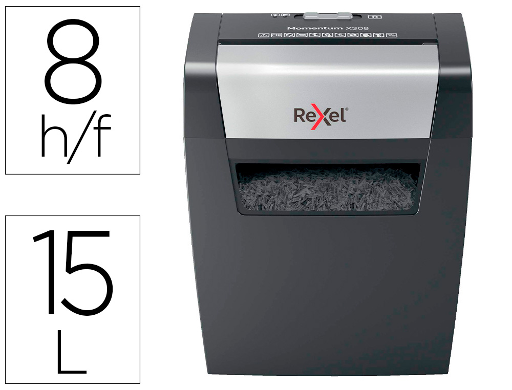 Destructora de documentos rexel momentum x308 capacidad de corte 8 hojas destruye grapas y clips 15 litros