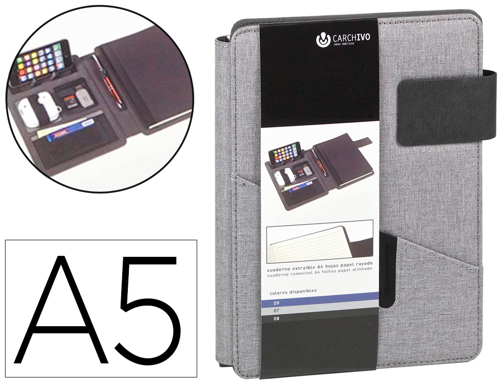 Carpeta portafolios carchivo venture din a5 con cuaderno y soporte smartphone color gris