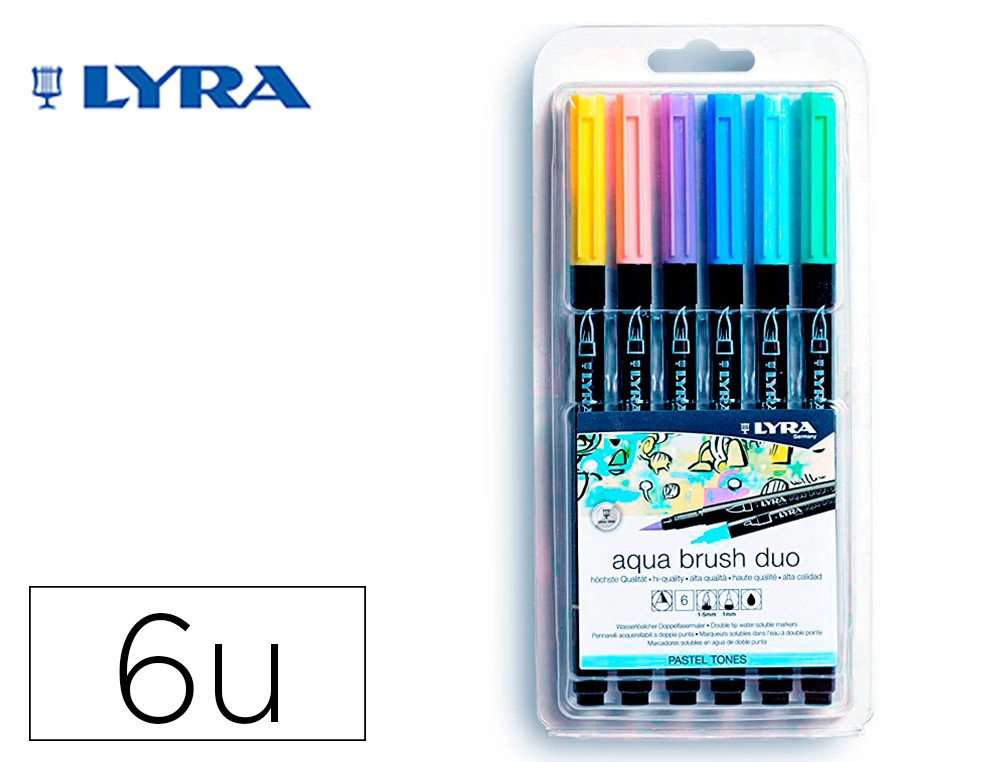 Rotulador lyra aqua brush acuarelable doble punta y pincel tonos pastel blister de 6 unidades surtidas