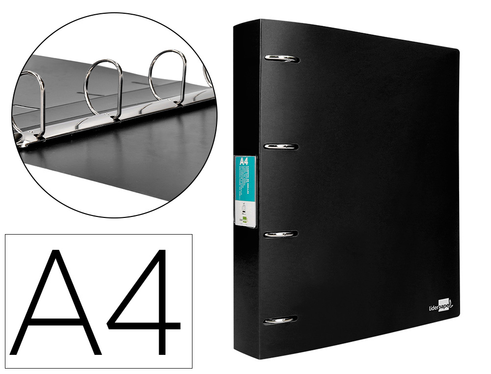 Carpeta liderpapel 4 anillas 40 mm mixtas polipropileno din a4 negro opaco