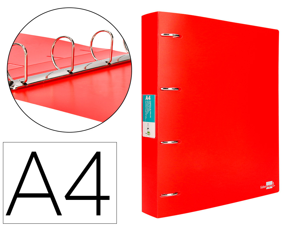 Carpeta liderpapel 4 anillas mixtas 40 mm polipropileno din a4 rojo translucido