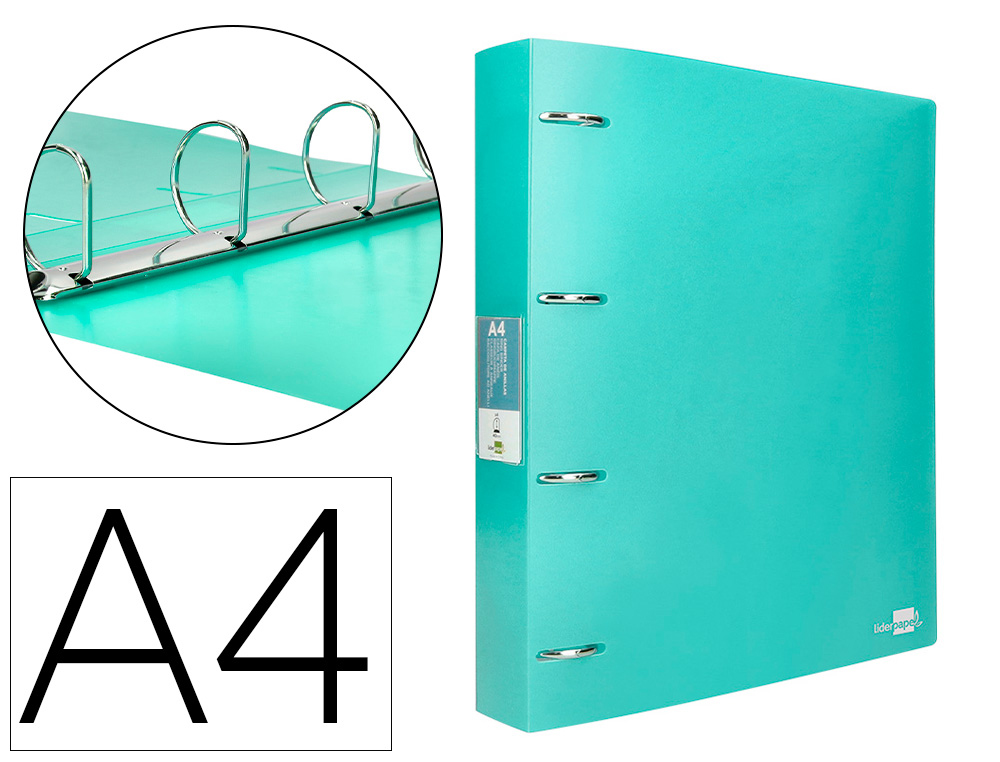 Carpeta liderpapel 4 anillas mixtas 40 mm polipropileno din a4 verde manzana opaco