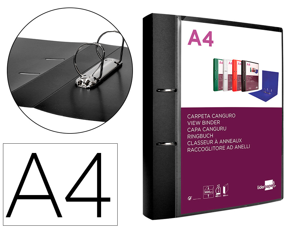 Carpeta liderpapel canguro 2 anillas 40 mm mixtas polipropileno din a4 negro opaco